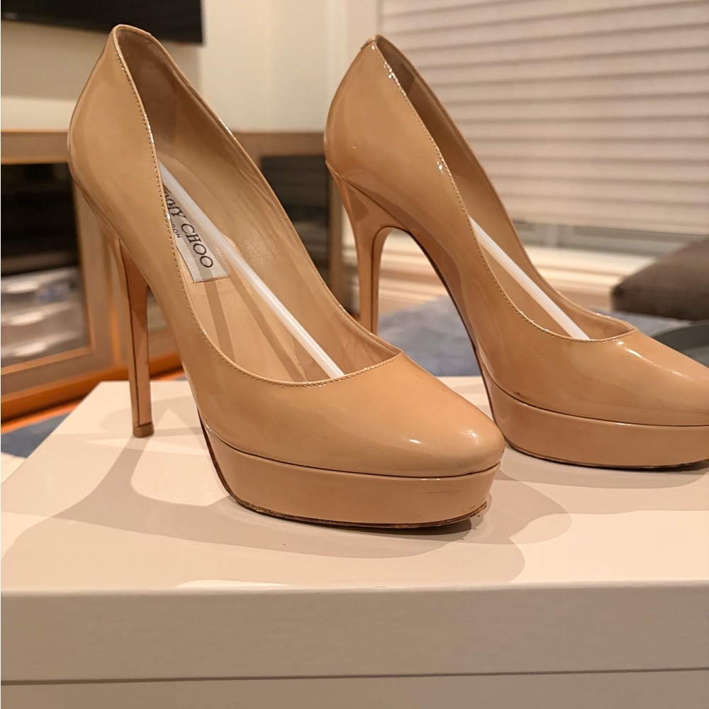 Jimmy Choo Nude Patent Leather Platform Pumps
